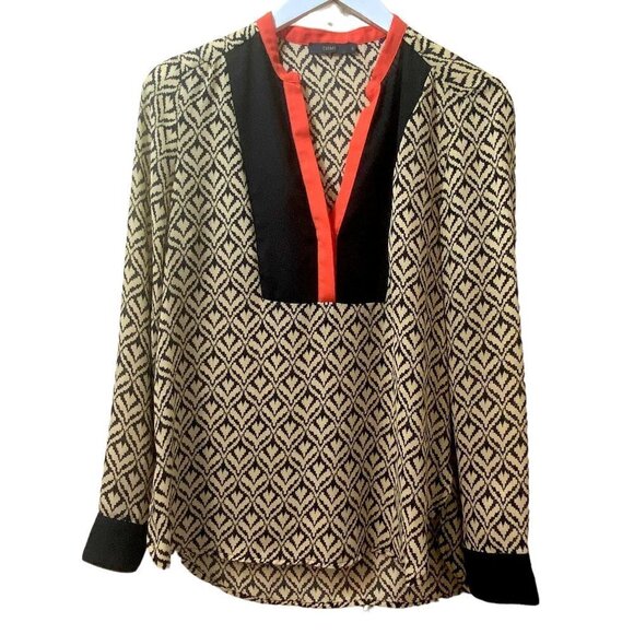 THML Womens Top Small Long sleeve Blouse Tab collar Black Beige Print - Picture 1 of 14